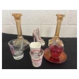 Candle holder, shot glass, ceramic shoe and cup