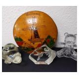 6 in wooden disc from Holland, glass turtle,