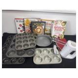 Baking sheets pans and cook books and mixer
