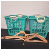 2 Laundry baskets with vintage wooden hangers