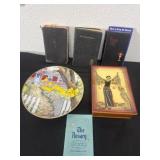 Prayer books and wooden box and plate