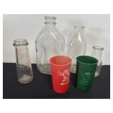 Vintage Glass milk bottles and 2 cups
