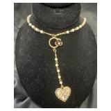 Faux Pearl Heart Cute Rhinestone Necklace