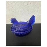 vintage-style cobalt blue glass 'hen on nest'