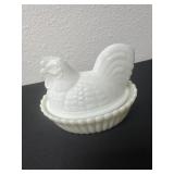 vintage white milk glass hen on a nest, Chipped