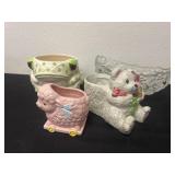 3 ceramic planters with glass bowl