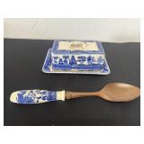 antique Blue Willow pattern transferware covered