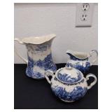 Three vintage blue and white ceramic pieces all