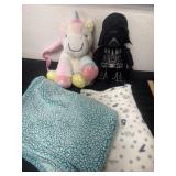 Unicorn back pack, Star Wars plush and 2
