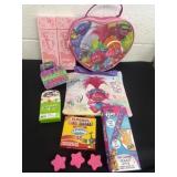 Trolls items, princess cases, crayons and
