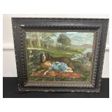 Vintage Framed Dog and Girl Artwork 23x27