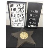 Wood sign metal bathroom sign and metal clock