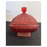 7ï¿½ Vintage red glass covered candy dish,