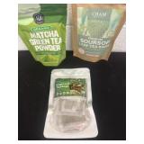 Tea bags, green powder and sage leaf