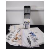 Large group of kitchen towels and a compact