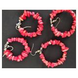 Two pairs of natural red coral chipped hoop style