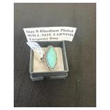 Size 8 Rhodium plated will not tarnish turquoise