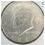 1969 U.S. Kennedy half dollar coin.