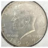 1967  U.S. Kennedy half dollar coin. 40% silver