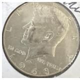 1968 U.S. Kennedy half dollar coin 40% silver