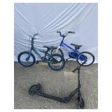 2 Kids Bikes and scooter one has a broken spoke