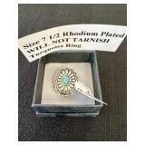 Size 7 1/2 rhodium plated will not tarnish