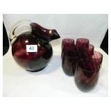 Purple Glass Ball Pitcher w/8 Glasses-swirl design