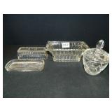 4 Glass pieces; 1 sugar bowl w/lid; 1-butter plate