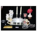 Dresser Mirror; Candlesticks; Small Vases