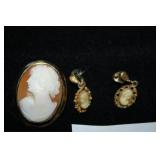 Cameo Pendant/Pin and Earrings