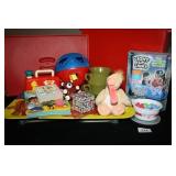 Plastic Tote with toys; Metal Monkey Tray; Books