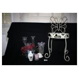 Vases and small metal butterfly chair plant stand