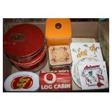 Tins - log cabin syrup, candy, jelly belly