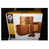 Glass Cake Plate with Top; 7 Piece Wooden Bowl set