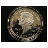 1993-S Thomas Jefferson Silver Dollar; 1743-1993;