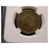 1856 Slanted 5 One Cent Piece; AU Details; Cleaned