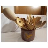 Stoneware Crock w/ Wooden Utensils