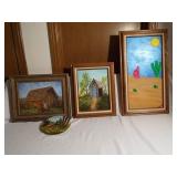 Paintings, 3 framed, 1 saw blade