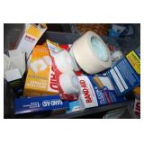 Plastic Tub with band-Aids and tape items