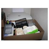 HP Deskjet Printer and Box of Office Supplies