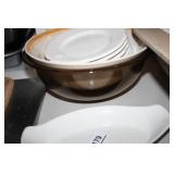 Bowls; Small White Plates; Clear smoky Oven Glass