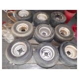 9 GOLF CART TIRES AND WHEELS, 4 HOLE 18x8.50-8
