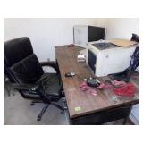 OFFICE CONTENTS. DESK, METAL SHELVING, CHAIRS