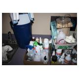 Cleaning Chemicals and Supplies, stools, trashcans