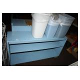 Wooden bookshelf, Blue; Trashcans(3); wire items