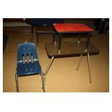 Blue Plastic chair, folding table, small red top t