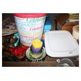 Coffee Filters, tin items, popcorn tin, small pitc
