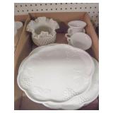 Milk Glass Plates, Tea Cups, Vase