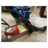 Tub of Bags, few Linens, Purse, Pet Bed