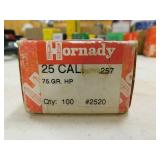 25 CAL 75 GR HORNADY (100) BULLETS